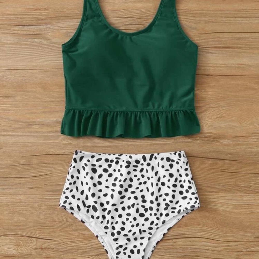 NWT SHEIN 2 Piece High Waisted Dalmatian Print Swimsuit size XL